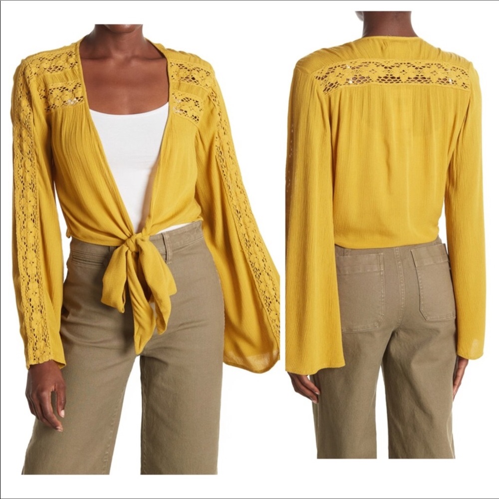 Band of Gypsies Yellow Bell Sleeve Tie Front Crop Top Size S